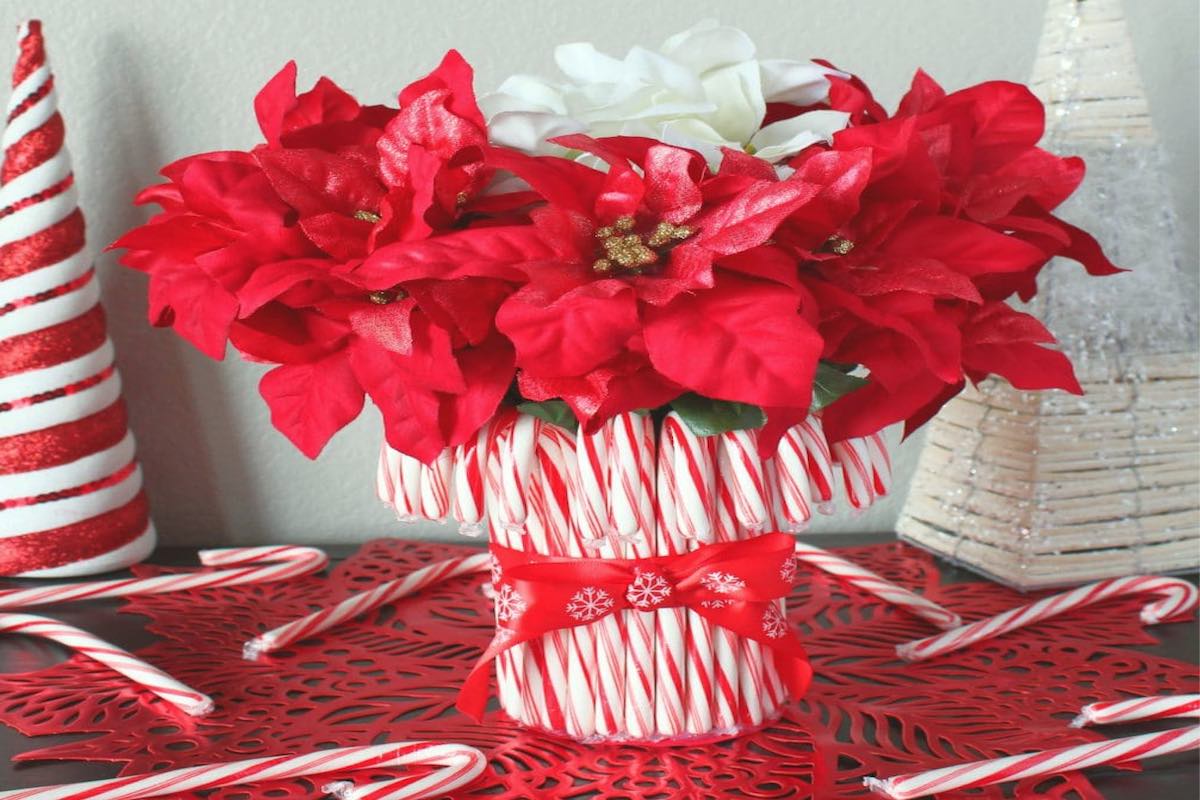 Christmas Table Centerpieces - Peppermint candy canes and poinsetta