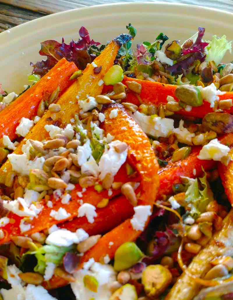 A close up of the Farm Salad with Roasted Carrots and Homemade Citrus Dressing