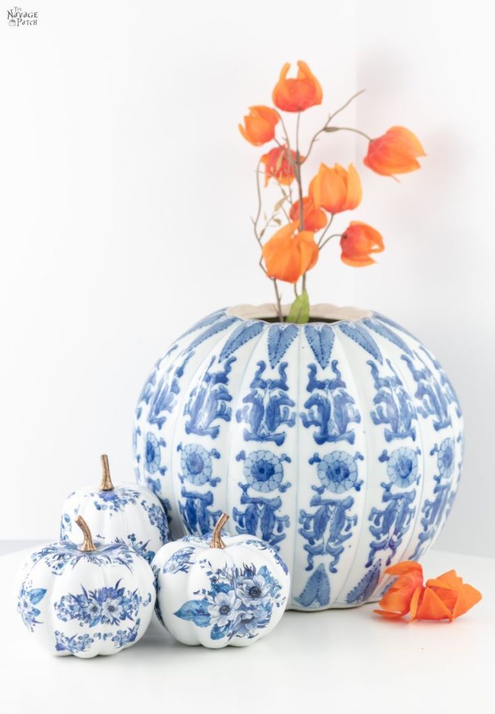 blue white porcelain pumpkins, blue and white fall decor, pumpkin crafts, fall craft ideas