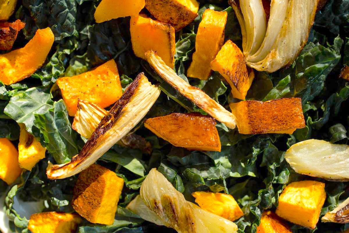 The roasted squash and fennel atop the kale bed