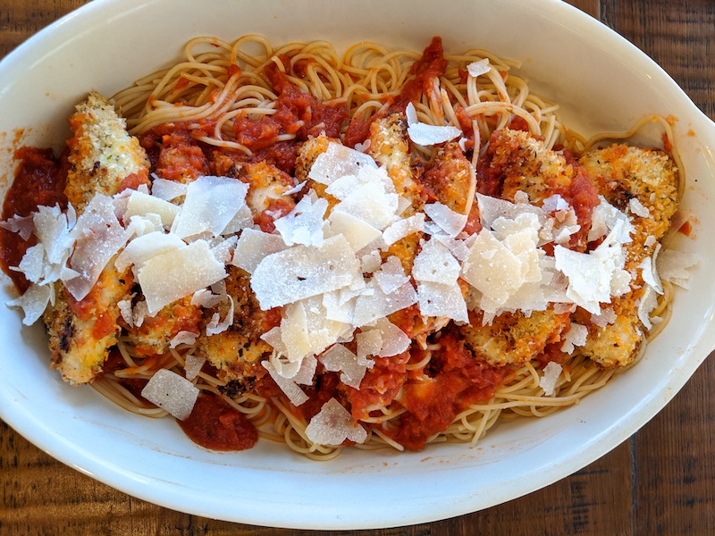 Marie's Weight Watchers Chicken Parmesan in its white baking dish. 