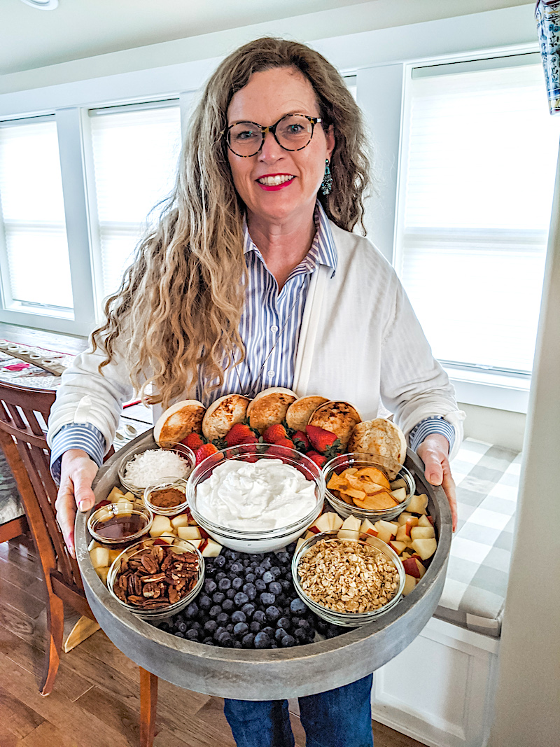 Marie holding the brunch board - Easter while Sheltering in place