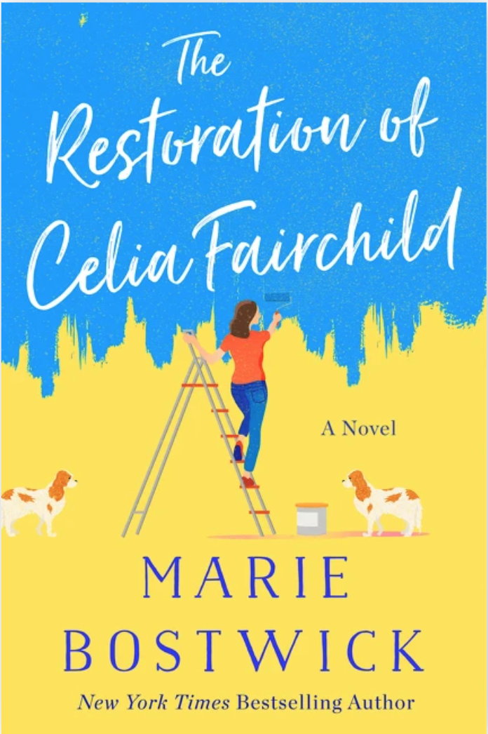 The cover for The Restoration of Celia Fairchild - an illustrated woman on a ladder painting a yellow background blue with two dogs