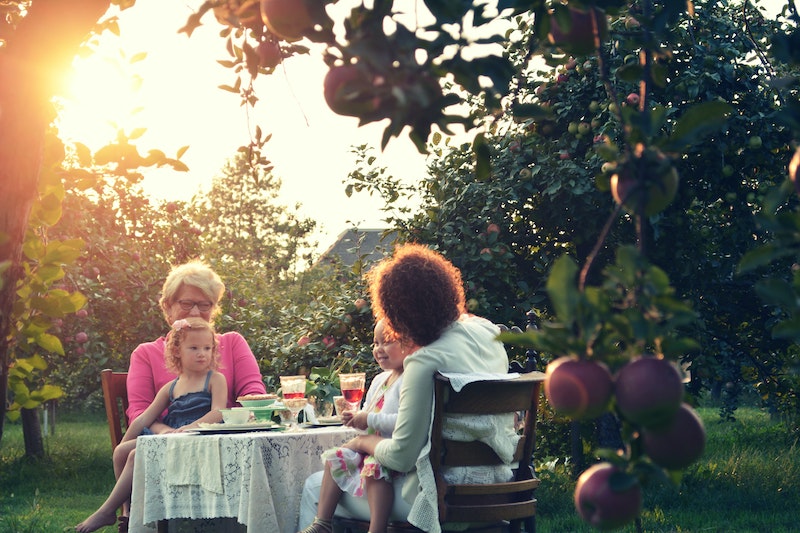 Two women with their granddaughters in their laps, sitting in an orchard with wine and food.