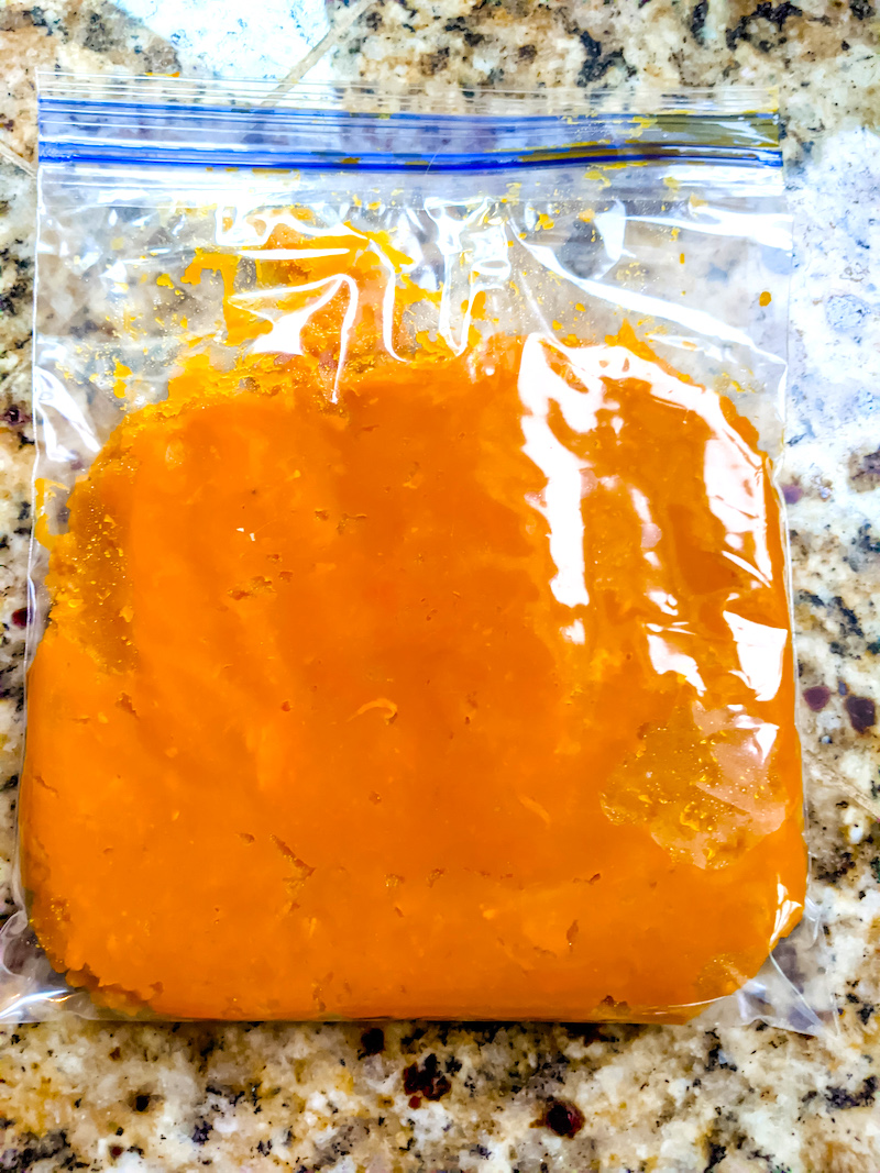 The finished Easy Homemade Pumpkin Puree in a ziplok bag