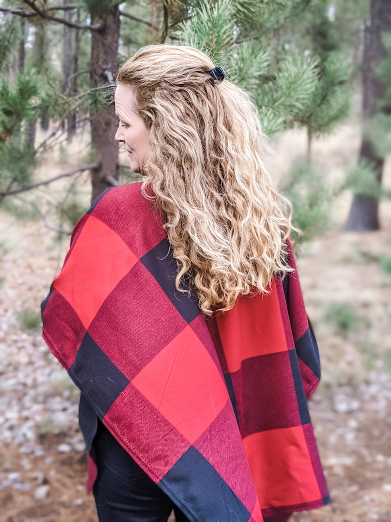 Marie wearing a finished plaid DIY Ruana.