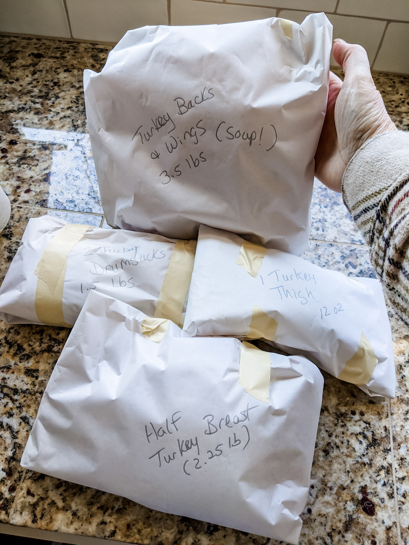 The quartered and packaged whole turkey - perfect for a small scale thanksgiving