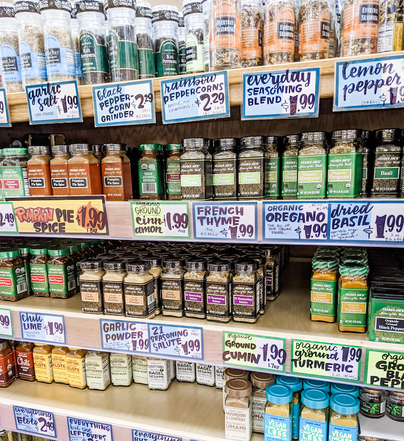 The shelves of Trader Joe's spices