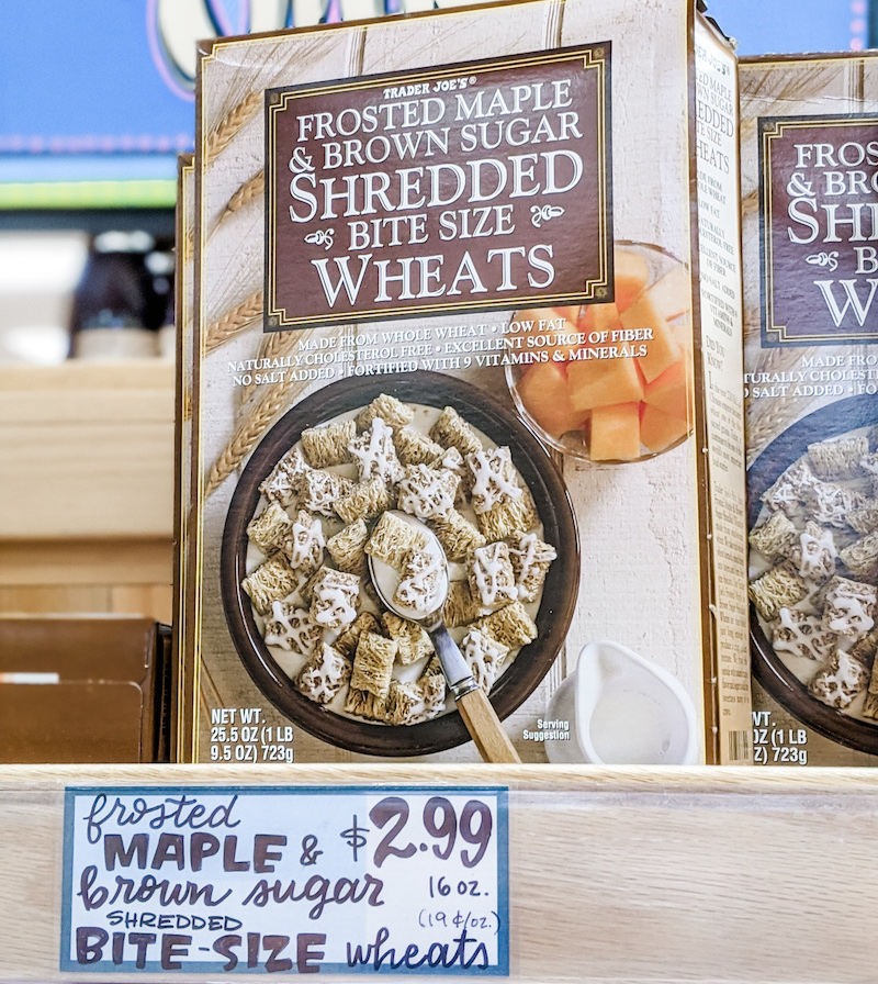 A box of maple mini wheats on a shelf