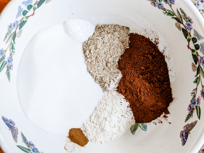 The dry ingredients in a bowl, ready to be mixed.