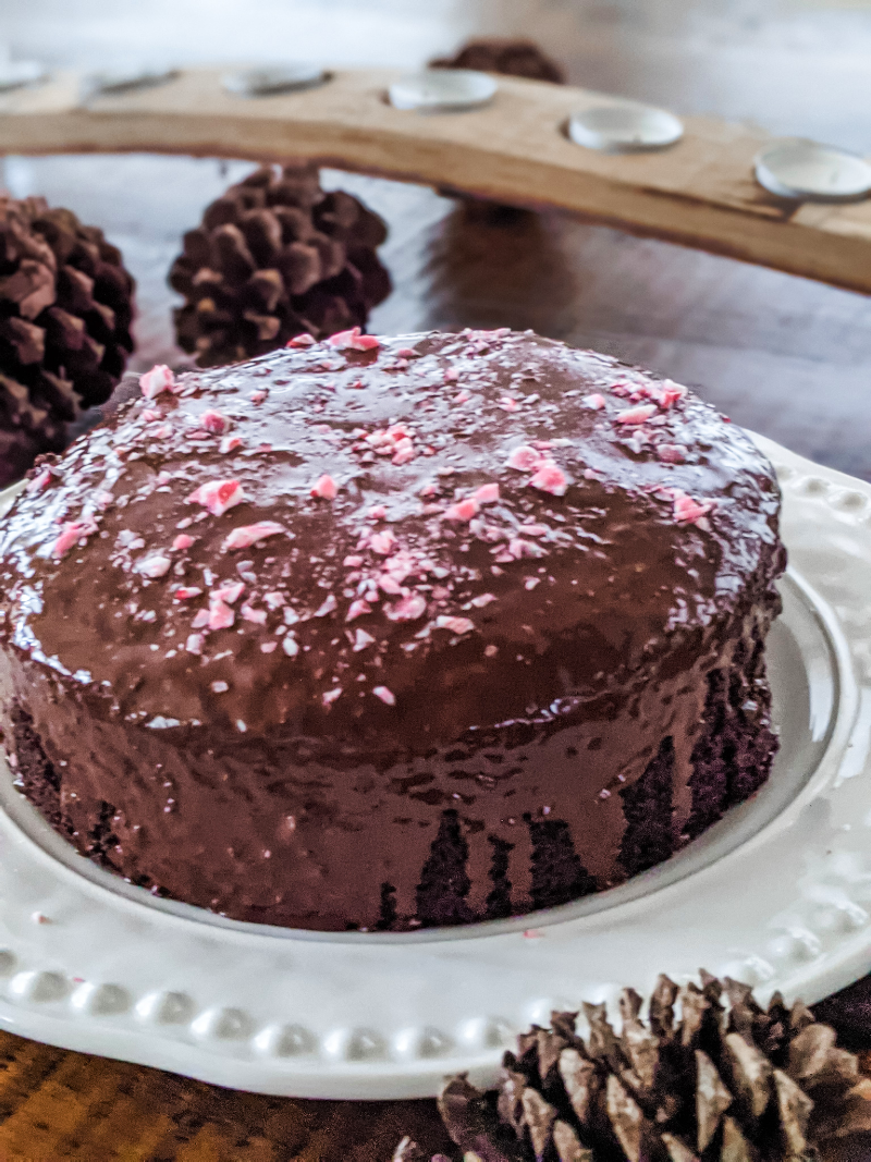 The Chocolate Peppermint Beet Cake finished and displayed on a cake stand