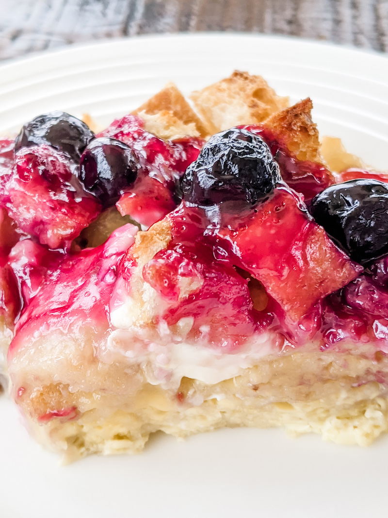 A close up of a piece of the finished Easy Blueberry Lemon Breakfast Casserole