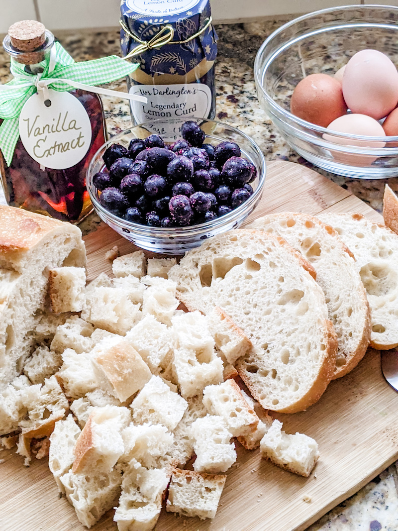The ingredients - bread, blueberries, vanilla extract, lemon curd, eggs