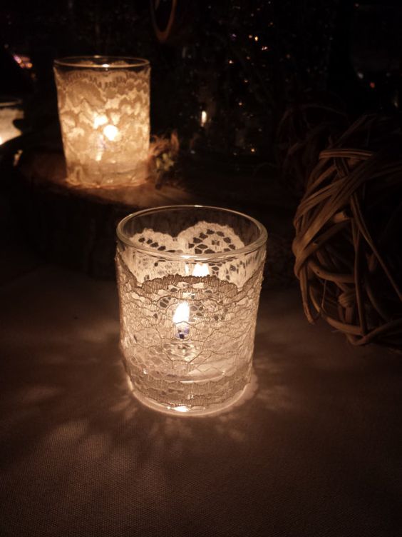 DIY Lattice Lace Candles with a lit flame