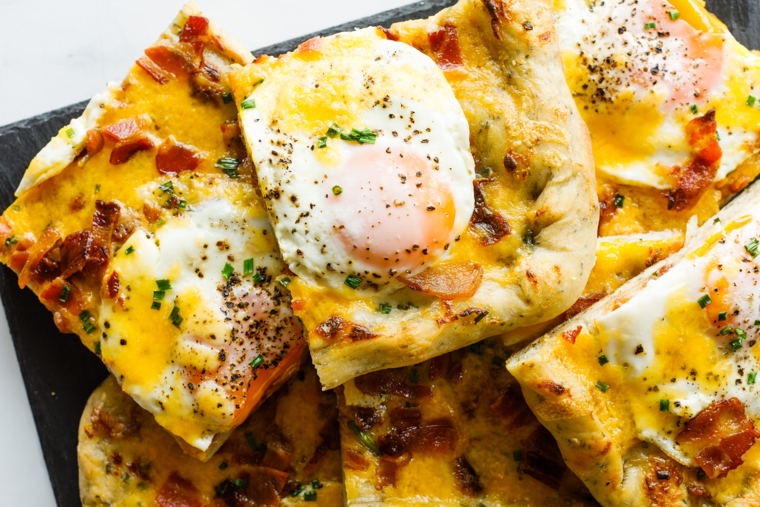 A close-up of the Easy Bacon and Egg Pizza