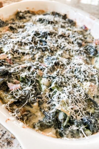 A close up of the finished Creamed Kale Casserole with Parmesan