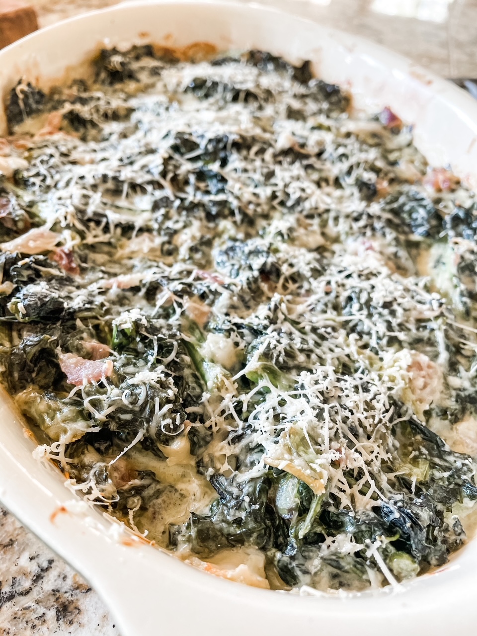 A close up of the finished Creamed Kale Casserole with Parmesan