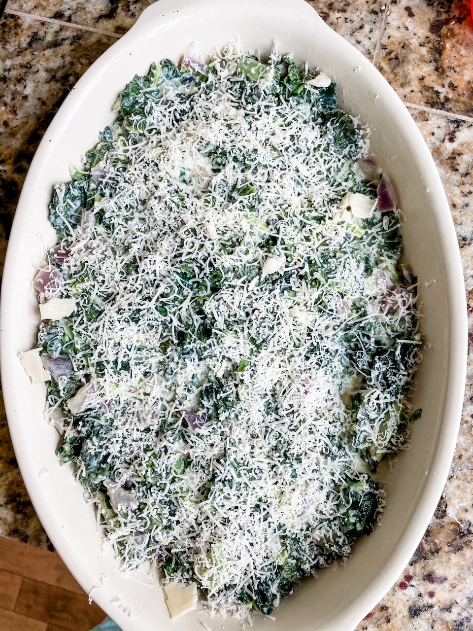 The Creamed Kale Casserole with Parmesan, ready to be placed on the oven