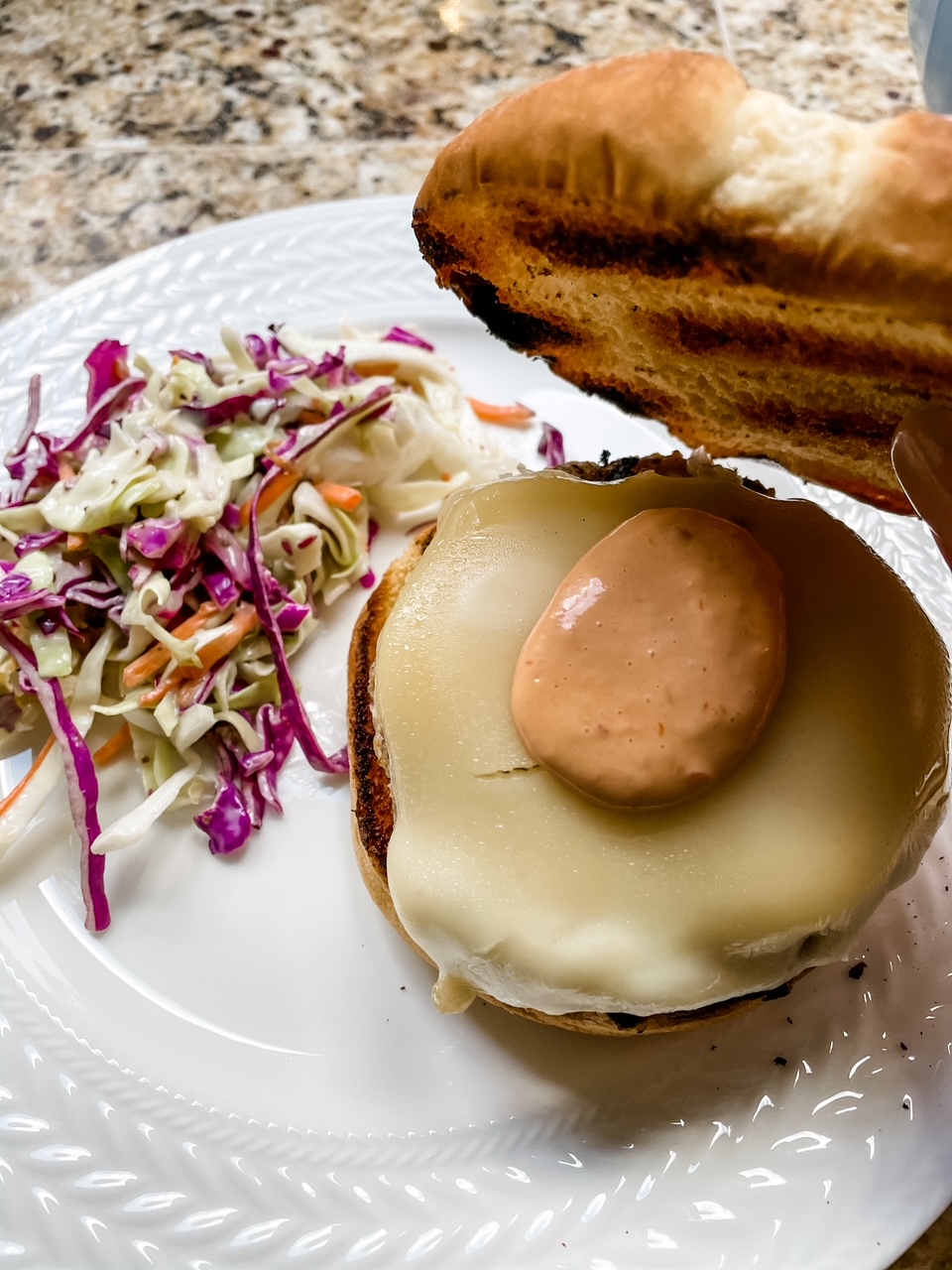 The Chicken Rueben Burgers, with a dollop of Thousand Island Dressing