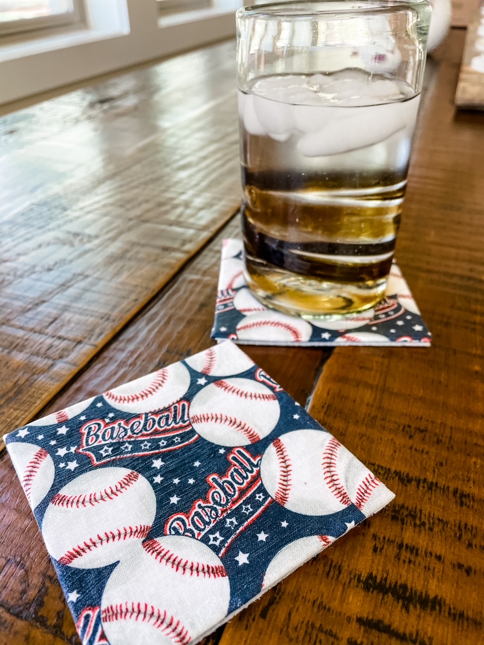 One of the easy no sew craft coasters with baseballs on it