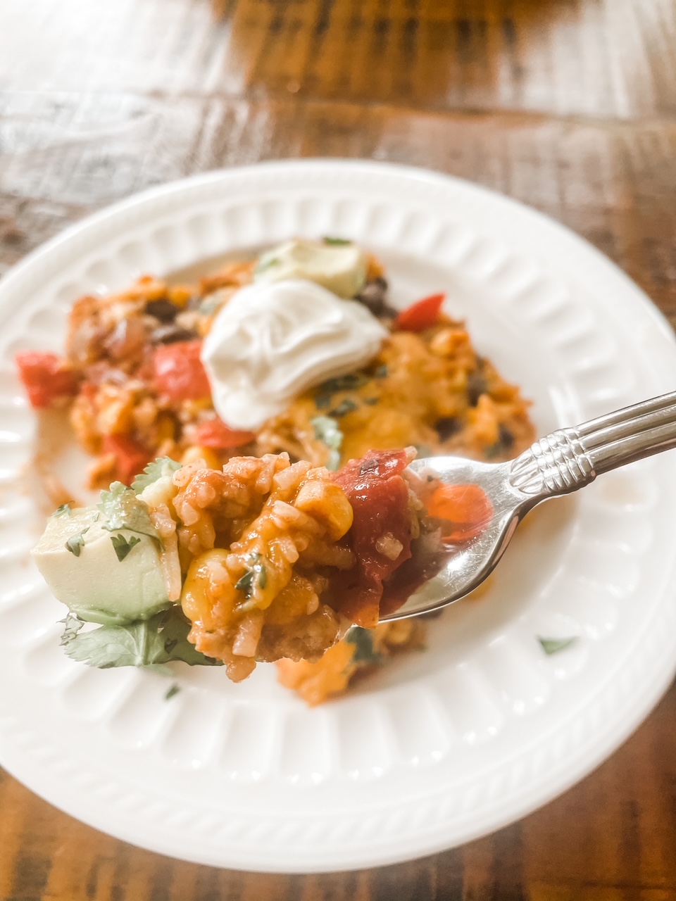 A fork digging into the Mexican Chicken Casserole