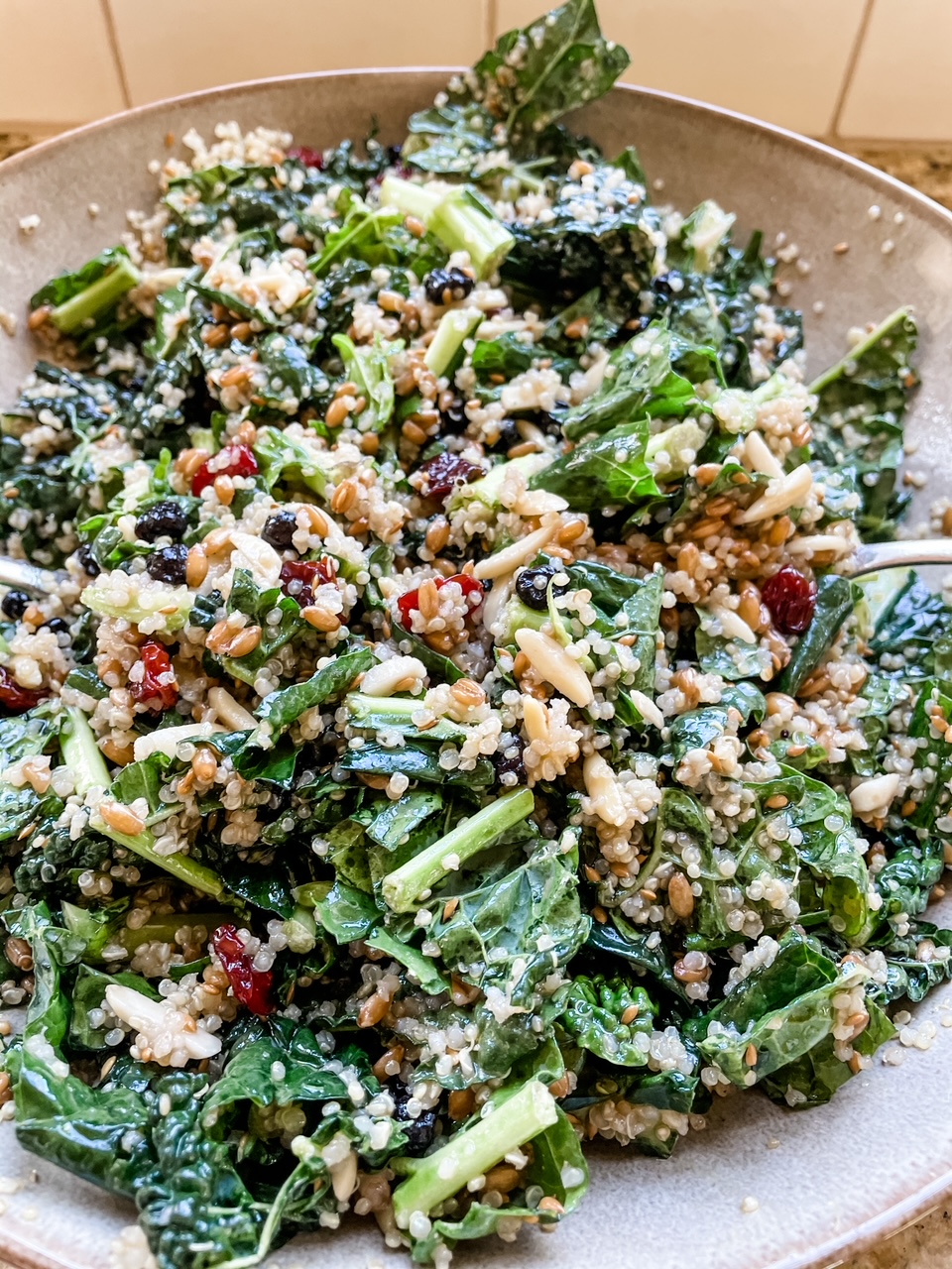 The finished salad, mixed together and served in a bowl