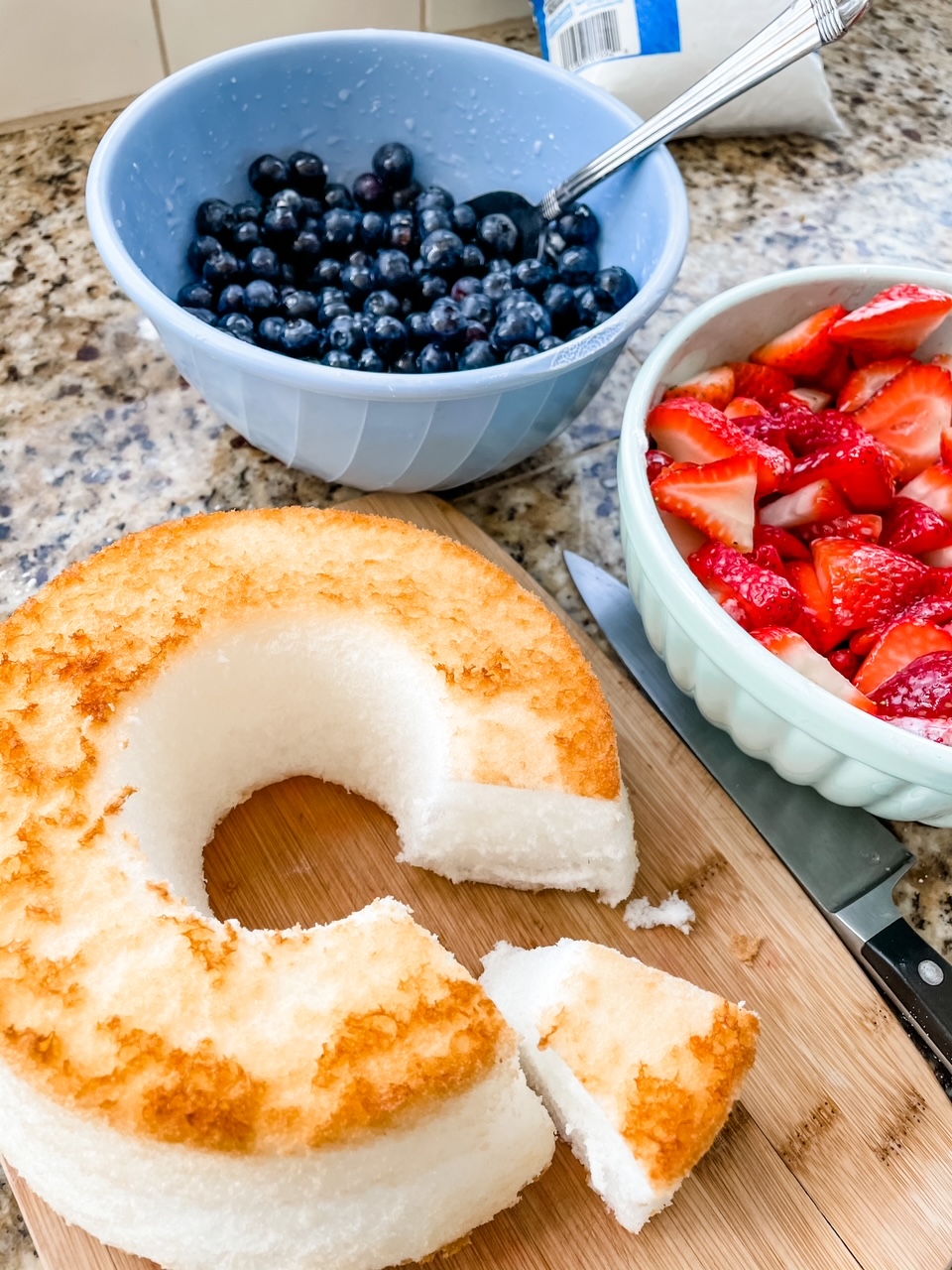 The ingredients for the Lighter Berry Trifle with Lemon Filling - angle food cake, blueberries, and strawberries