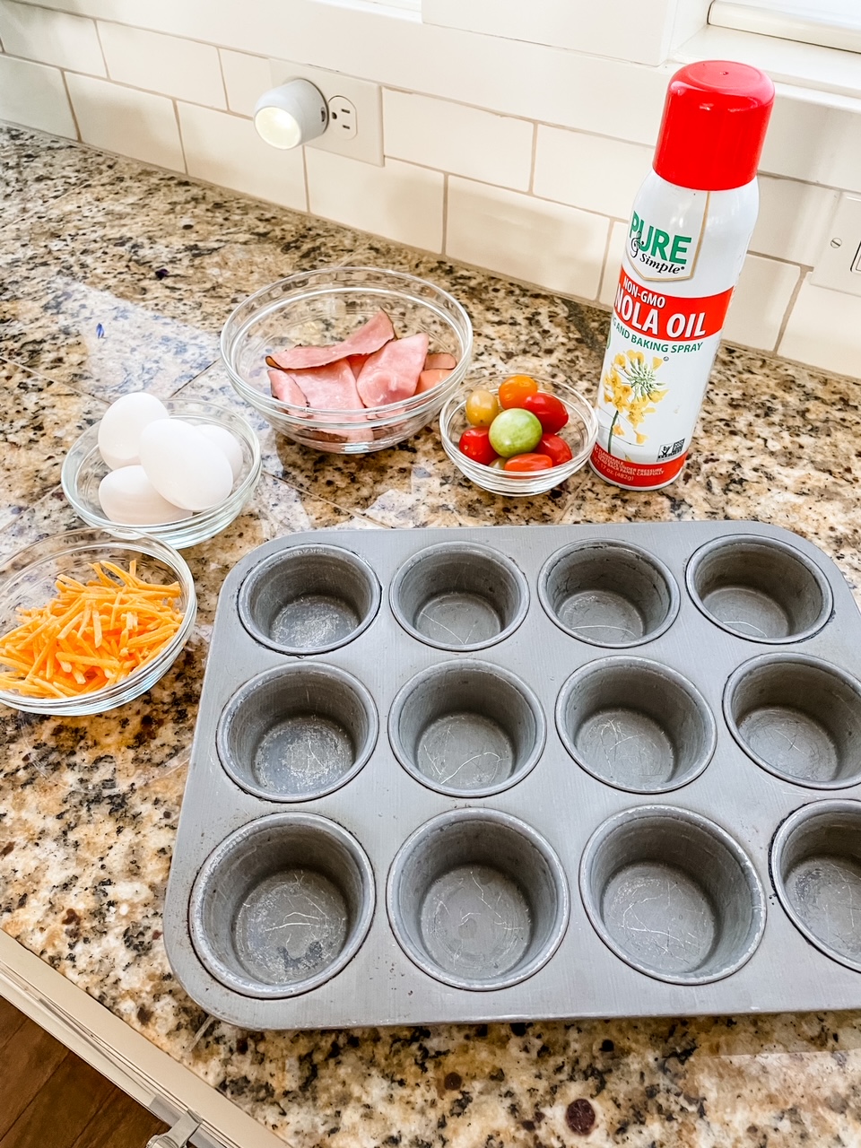 The ingredients and pan set on a counter, ready to be used