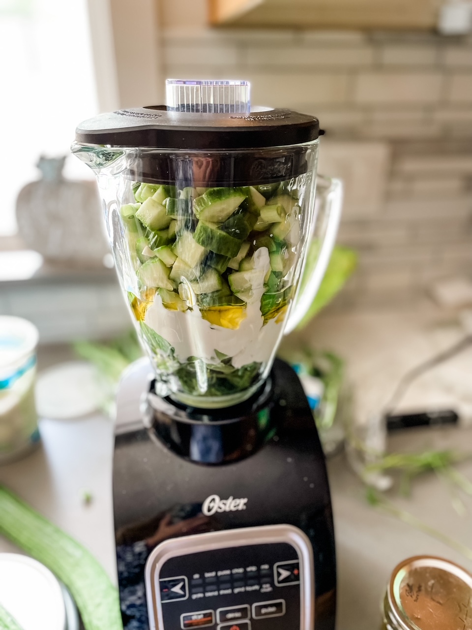 All of the ingredients for the Cold Cucumber Soup in a blender, not yet blended