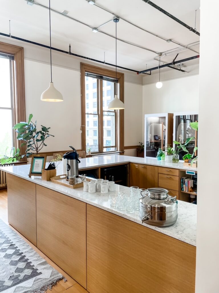 A kitchen and bar space available within Marie's coworking space