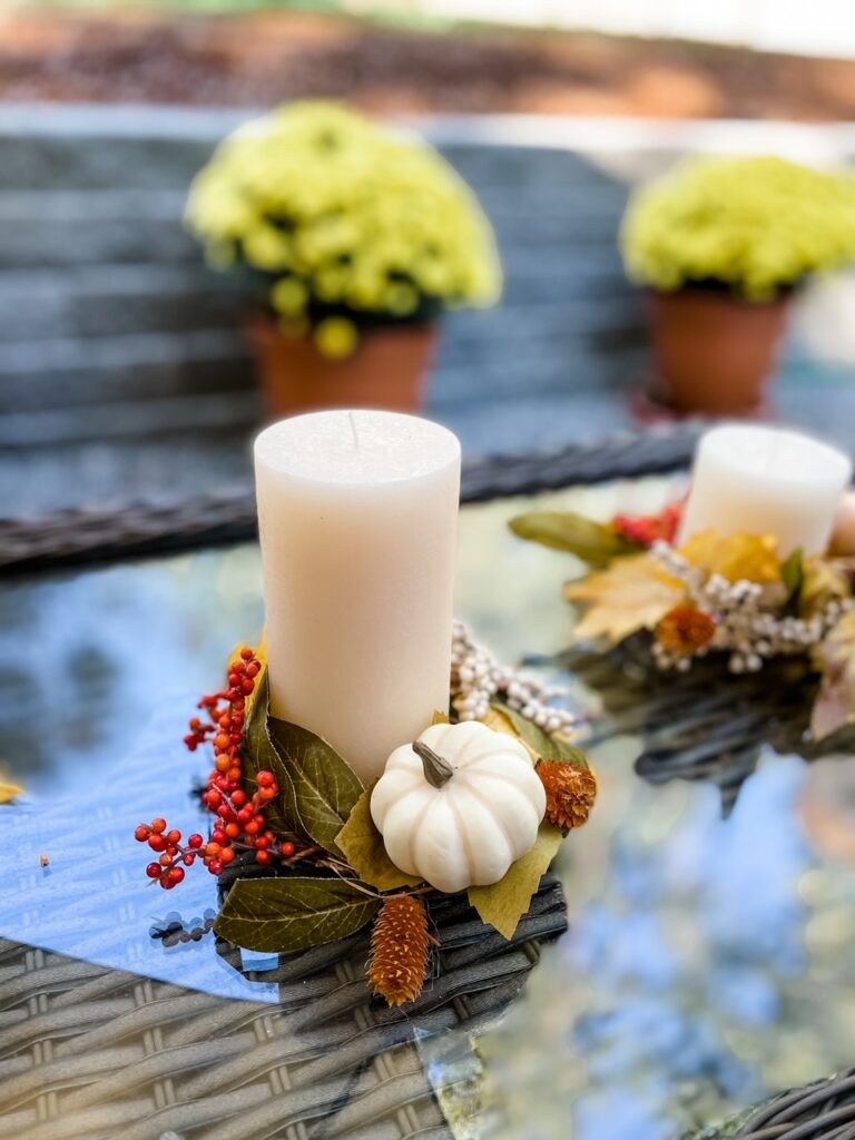 A DIY Fall Candle Wreaths with a mini pumpkin