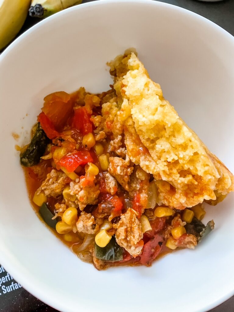 A serving of the Easy Slow Cooker Tamale Pie in a bowl