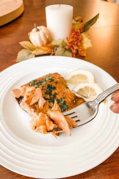 A forkful of the Easy Pan Seared Steelhead Trout with Lemon Butter Sauce