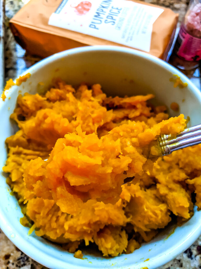 A bowl of the homemade pumpkin puree- part of the Pumpkin Recipe Round Up