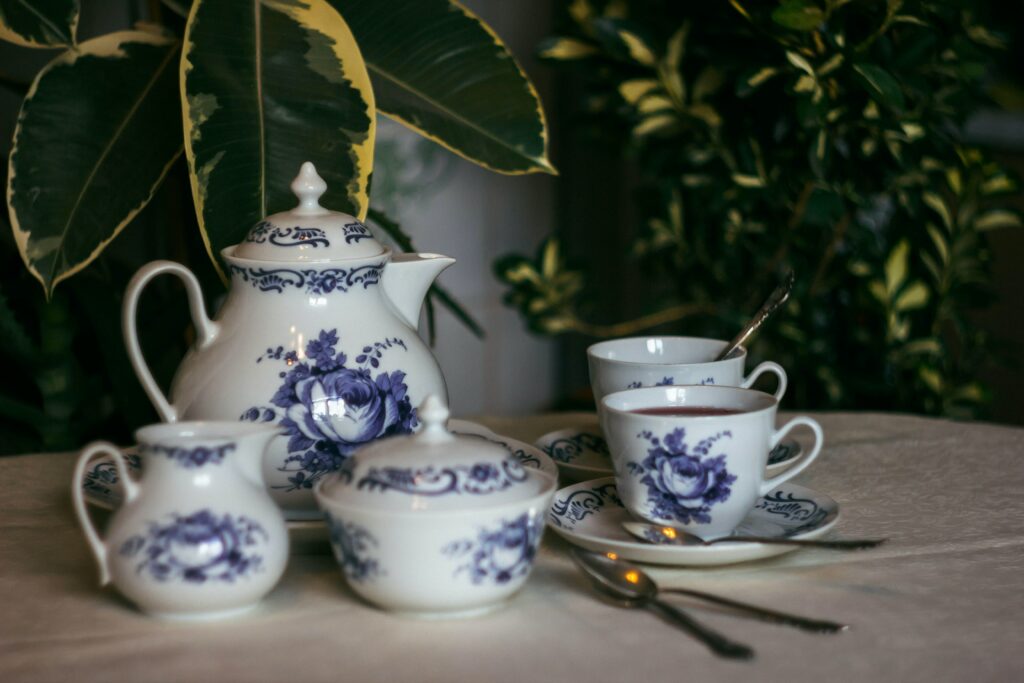 A white and blue tea set