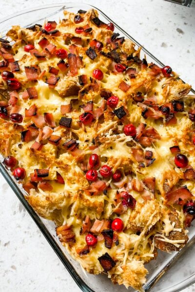 The finished Cranberry, Ham and Swiss Cheese Breakfast Casserole in its baking dish