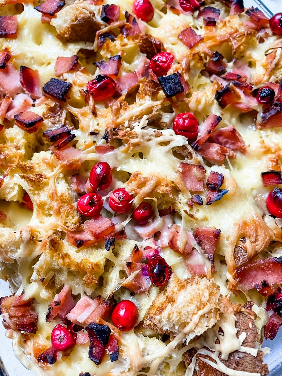 A close up of the cranberry Christmas morning breakfast casserole