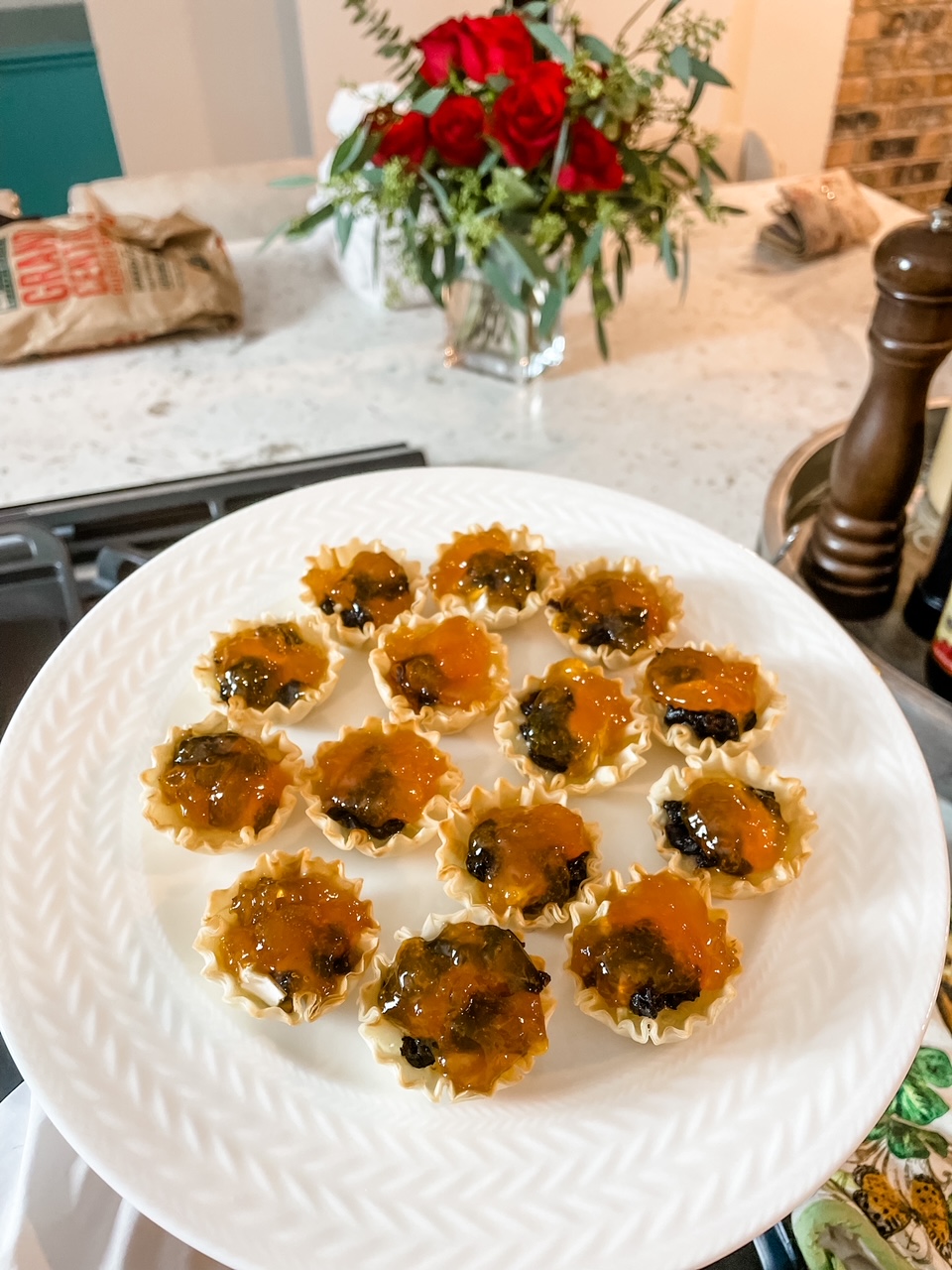 A plate full of the finished Apricot, Cherry, and Brie Filo Pastry Tarts