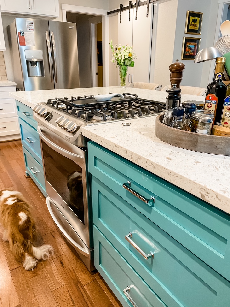 The new kitchen island, painted a bright blue