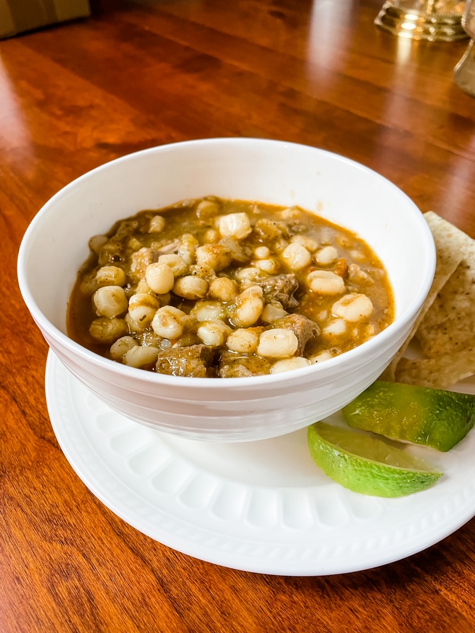 A bowl of the Easy Pozole with Hatch Chiles