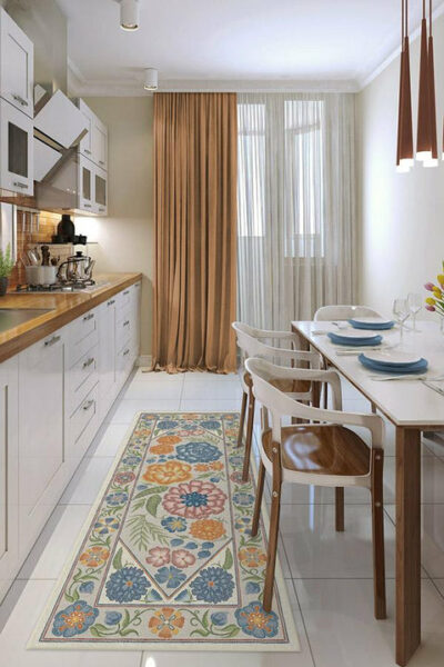 The colorful, washable rug in a kitchen
