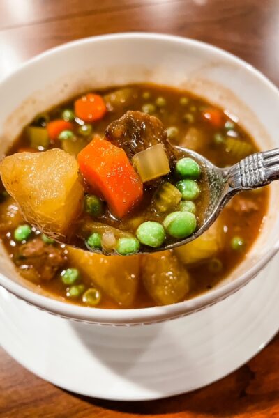 A bowl of the Best Irish Beef Stew with Guinness with a spoon