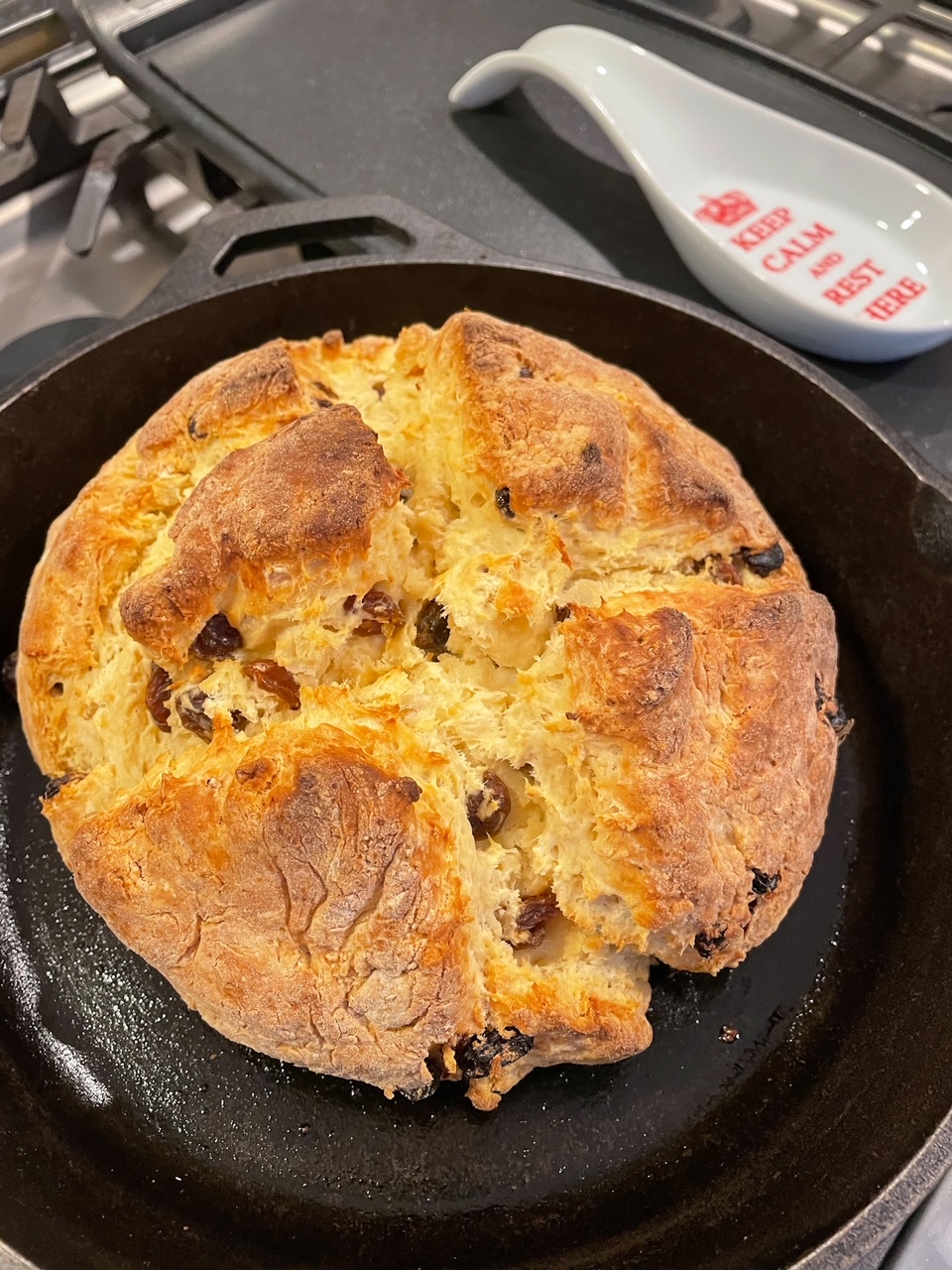 The finished Easy Irish Soda Bread loaf in a cast-iron pan