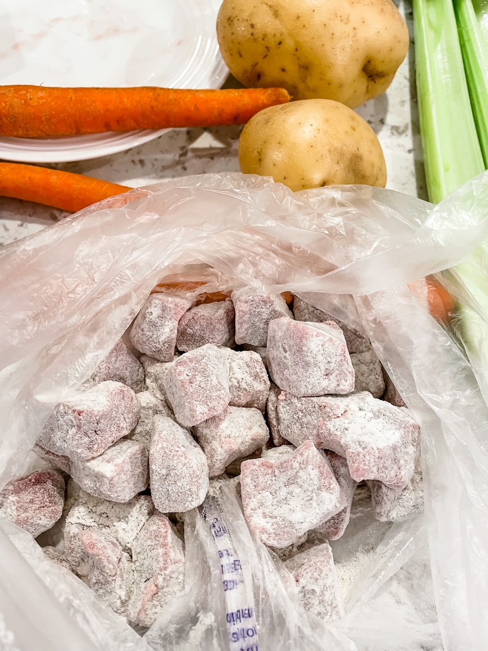 The dredged cubes of beef for the Best Irish Beef Stew with Guinness