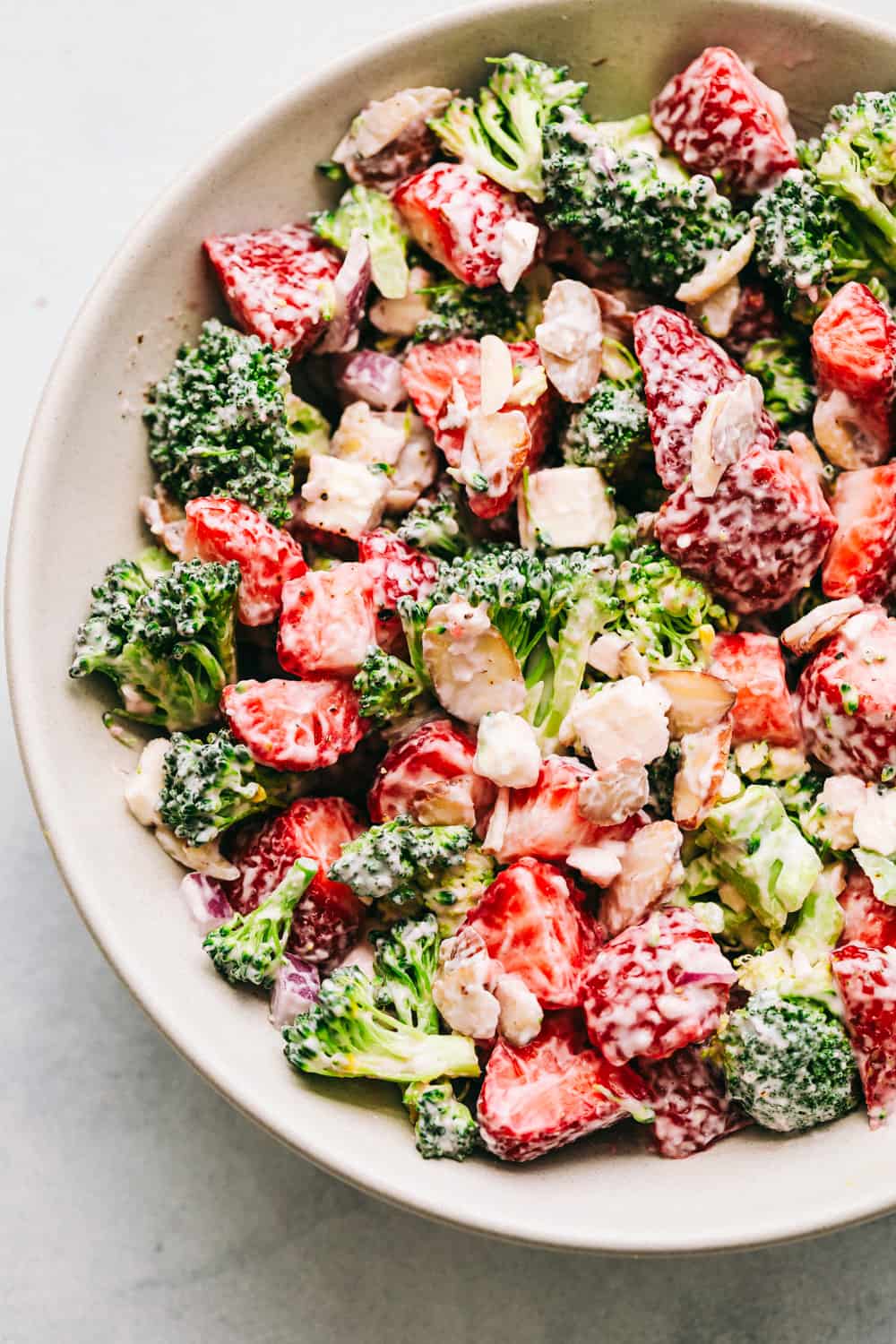 A bowl of the strawberry and broccoli salad, another one of the unique strawberry recipes