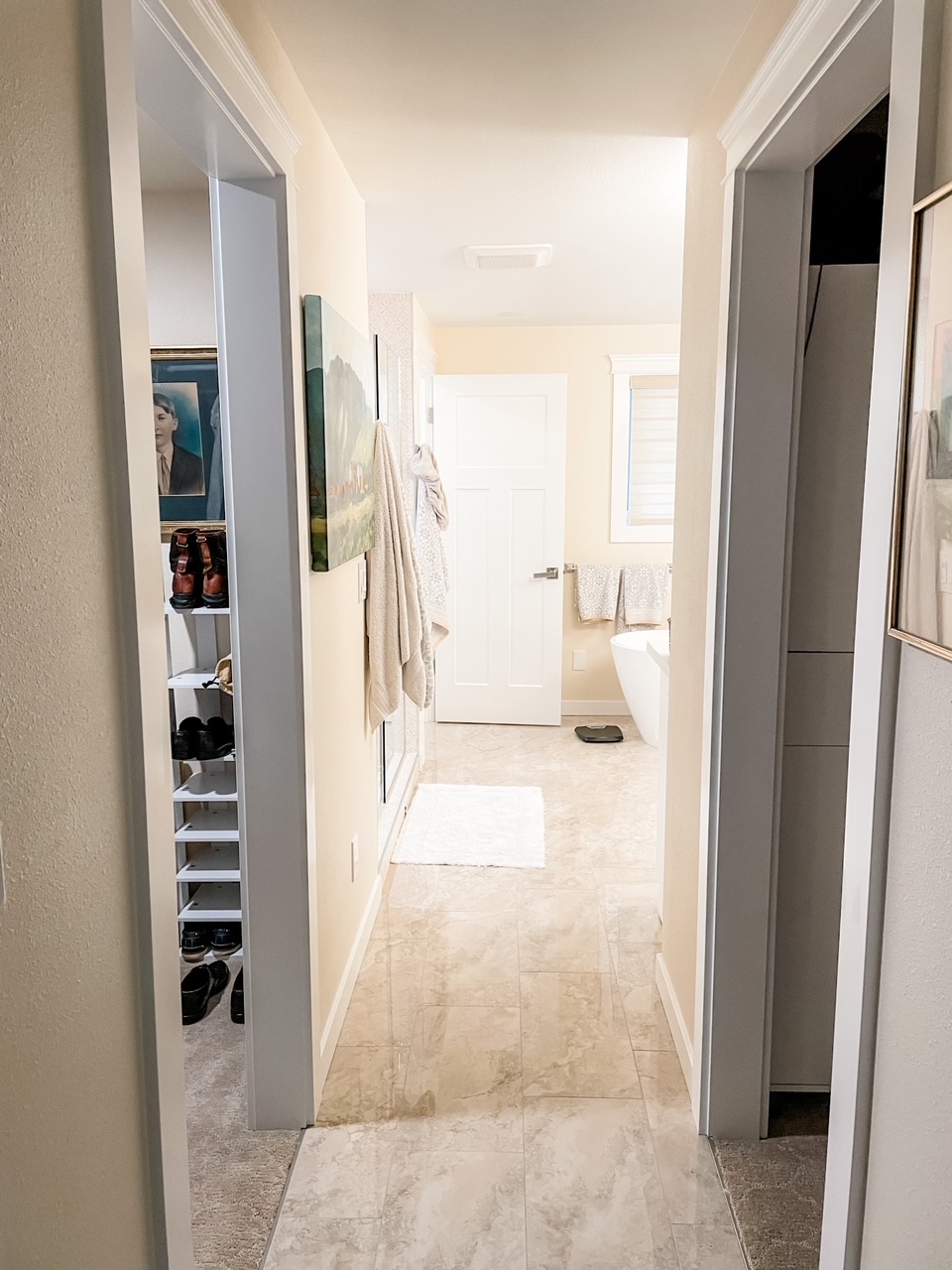 The view into the closet and bathroom space of the Garage to Master Suite Remodel