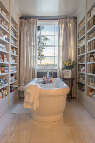 A bathtub surrounded by bookshelves