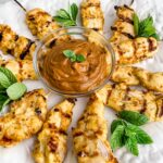 A close up of the Asian Chicken Skewers with Peanut Dipping Sauce