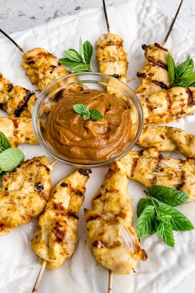 A close up of the Asian Chicken Skewers with Peanut Dipping Sauce