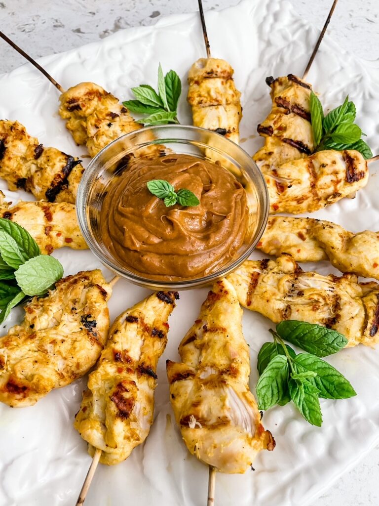A close up of the Asian Chicken Skewers with Peanut Dipping Sauce